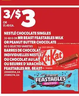 Independent City Market NESTLÉ CHOCOLATE SINGLES, 33-60 G OR MR BEAST FEASTABLES MILK OR PEANUT BUTTER CHOCOLATE, 60 G offer