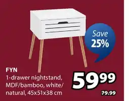 JYSK FYN 1-drawer nightstand, MDF/bamboo, white/natural offer