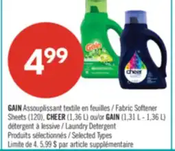 Pharmaprix GAIN Fabric Softener Sheets (120), CHEER (1,36 L) or GAIN (1,31 L - 1,36 L) Laundry Detergent offer