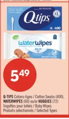 Pharmaprix Q-TIPS Cotton Swabs (400), WATERWIPES (60) or HUGGIES (72) Baby Wipes offer