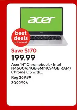 Staples Acer 14 Chromebook - Intel N4500/64GB eMMC/4GB RAM/Chrome OS with 3 months of Google AI Pro offer