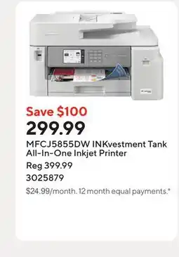 Staples MFCJ5855DW INKvestment Tank All-In-One Inkjet Printer offer