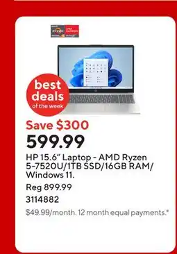 Staples HP 15.6 Laptop - AMD Ryzen 5-7520U/1TB SSD/16GB RAM/Windows 11 offer
