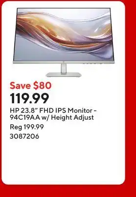 Staples HP 23.8 FHD IPS Monitor - 94C19AA w/ Height Adjust offer