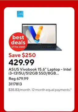 Staples ASUS Vivobook 15.6 Laptop - Intel i3-1315U/512GB SSD/8GB RAM/Windows 11 Home offer