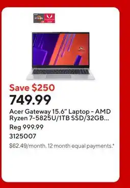 Staples Acer Gateway 15.6 Laptop - AMD Ryzen 7-5825U/1TB SSD/32GB RAM/Window 11 offer