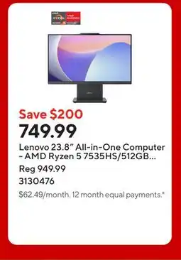 Staples Lenovo 23.8 All-in-One Computer - AMD Ryzen 5 7535HS/512GB SSD/16GB RAM/Windows 11 Home offer
