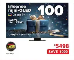 Visions Electronics Hisense 100 NATIVE 144Hz PANEL U88QG 4K Smart TV offer