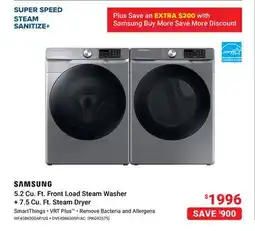 Visions Electronics Samsung 5.2 Cu. Ft. Front Load Steam Washer + 7.5 Cu. Ft. Steam Dryer offer