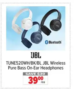 2001 Audio Video TUNE520WH/BK/BL JBL Wireless Pure Bass On-Ear Headphones offer