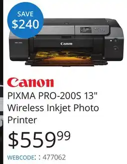 Vistek PIXMA PRO-200S 13 Wireless Inkjet Photo Printer offer