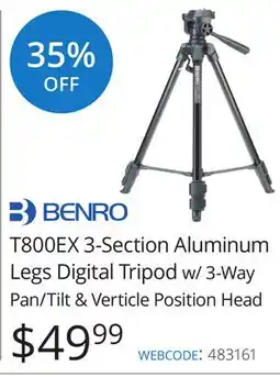 Vistek BENRO T800EX 3-Section Aluminum Legs Digital Tripod w/ 3-Way Pan/Tilt & Verticle Position Head offer