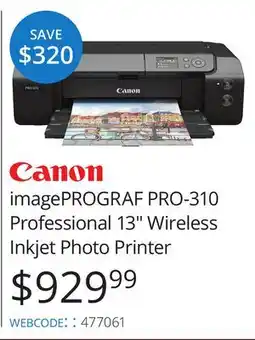 Vistek imagePROGRAF PRO-310 Professional 13 Wireless Inkjet Photo Printer offer