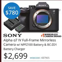 Vistek SONY Alpha α7 IV Full-Frame Mirrorless Camera w/Battery & BC-ZD1 Battery Charger offer