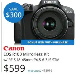 Vistek EOS R100 Mirrorless Kit w/ RF-S 18-45mm f/4.5-6.3 IS STM offer
