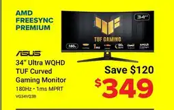 Visions Electronics ASUS 34 Ultra WQHD 180Hz 1ms MPRT FreeSync TUF Gaming Curved Monitor offer