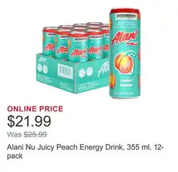Costco Alani Nu Juicy Peach Energy Drink, 355 ml, 12-pack offer