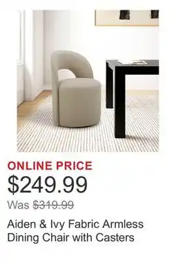 Costco Aiden & Ivy Fabric Armless Dining Chair with Casters offer