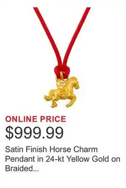 Costco Satin Finish Horse Charm Pendant in 24-kt Yellow Gold on Braided Nylon Cord offer