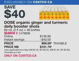 Costco DOSE organic ginger and turmeric daily booster shots offer