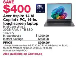 Costco Acer Aspire 14 AI Copilot+ PC, 14-in. touchscreen laptop offer