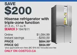 Costco Hisense refrigerator with triple-zone function offer