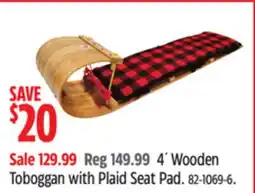 Canadian Tire 4´ Wooden Toboggan with Plaid Seat Pad offer