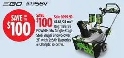 Canadian Tire EGO POWER+ 56V Single-Stage Steel Auger Snowblower, 21 with 2x5Ah Batteries & Chargers offer