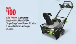 Canadian Tire 56V POWER+ Single-Stage Snowblower, 21 with 2 x 4Ah Batteries & Charger offer