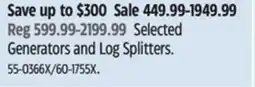 Canadian Tire Selected Generators and Log Splitters offer