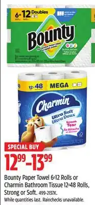 Canadian Tire Bounty Paper Towel 6=12 Rolls or Charmin Bathroom Tissue 12=48 Rolls, Strong or Soft offer