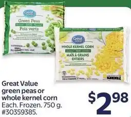Walmart Great Value green peas or whole kernel corn offer