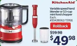 Walmart KitchenAid Variable speed hand blender or 3.5-cup mini food chopper offer