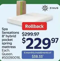 Walmart Zinus spa sensations 8" hybrid pocket spring mattress offer
