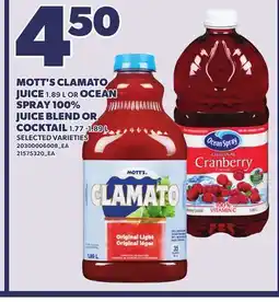 Loblaws MOTT'S CLAMATO JUICE, 1.89 L OR OCEAN SPRAY 100% JUICE BLEND OR COCKTAIL, 1.77-1.89 L offer