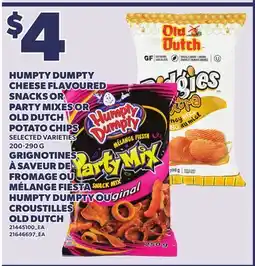 Independent Grocer HUMPTY DUMPTY CHEESE FLAVOURED SNACKS OR PARTY MIXES OR OLD DUTCH POTATO CHIPS 200-290 G offer