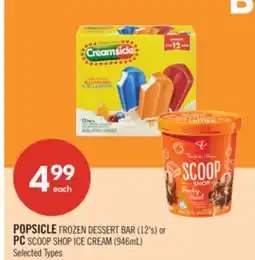 Shoppers Drug Mart POPSICLE FROZEN DESSERT BAR (12's) or PC SCOOP SHOP ICE CREAM (946mL) offer