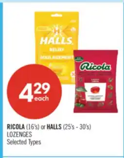 Shoppers Drug Mart RICOLA (16's) or HALLS (25's - 30's) LOZENGES offer