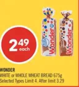 Shoppers Drug Mart WONDER WHITE or WHOLE WHEAT BREAD, 675g offer