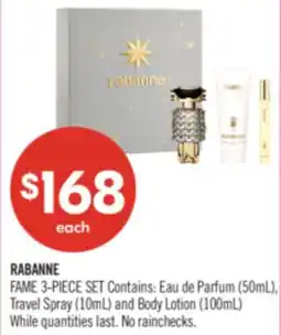 Shoppers Drug Mart RABANNE FAME 3-PIECE SET Contains (50mL), Travel Spray (10mL) and Body Lotion (100mL) offer