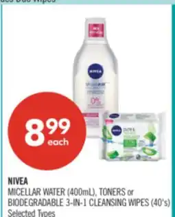 Shoppers Drug Mart NIVEA MICELLAR WATER (400mL), TONERS or BIODEGRADABLE 3-IN-1 CLEANSING WIPES (40's) offer