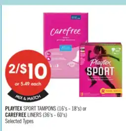Shoppers Drug Mart PLAYTEX SPORT TAMPONS (16's – 18's) or CAREFREE LINERS (36's – 60's) offer