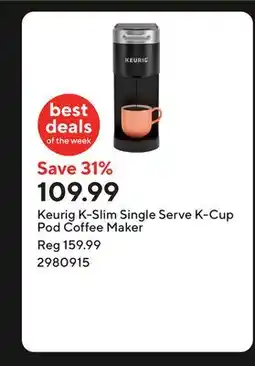 Staples Keurig K-Slim Single Serve K-Cup Pod Coffee Maker offer