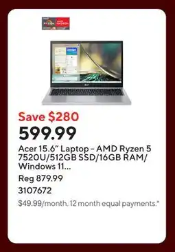 Staples Acer 15.6 Laptop - AMD Ryzen 5 7520U/512GB SSD/16GB RAM/Windows 11 Home offer