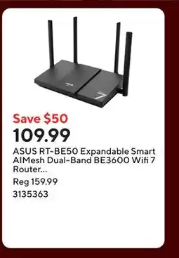 Staples ASUS RT-BE50 Expandable Smart AIMesh Dual-Band BE3600 Wifi 7 Router - Black offer
