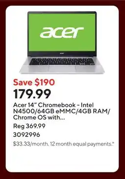 Staples Acer 14 Chromebook - Intel N4500/64GB eMMC/4GB RAM/Chrome OS with 3 months of Google AI Pro offer