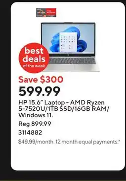 Staples HP 15.6 Laptop - AMD Ryzen 5-7520U/1TB SSD/16GB RAM/Windows 11 offer
