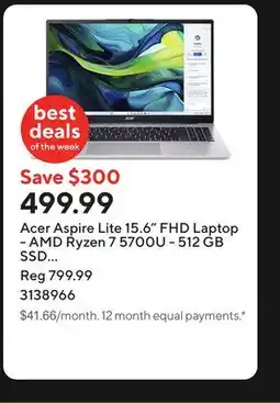 Staples Acer Aspire Lite 15.6 FHD Laptop - AMD Ryzen 7 5700U - 512 GB SSD - 8 GB RAM - Windows 11 - Silver offer