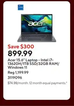 Staples Acer 15.6 Laptop - Intel i7-13620H/1TB SSD/32GB RAM/Windows 11 offer