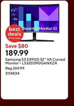 Staples Samsung S3 S39GD 32 VA Curved Monitor - LS32D390GANXZA offer